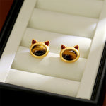 Buddha Stones Turquoise Tiger Eye Cat Head Design Copper Protection Stud Earrings