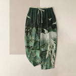 Buddha Stones Pure Cotton Auspicious Landscape Crane Pattern Women's Elastic Waist Pants With Pockets
