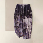 Buddha Stones Pure Cotton Auspicious Landscape Crane Pattern Women's Elastic Waist Pants With Pockets