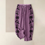Buddha Stones Cotton Casual Dharma Wheel Lotus OM Pattern Women's Elastic Waist Pants With Pockets