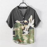 Buddha Stones Cotton Crane Auspicious Clouds Landscapes Pattern Men's Short Sleeve Half Button Shirt