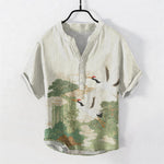 Buddha Stones Cotton Crane Auspicious Clouds Landscapes Pattern Men's Short Sleeve Half Button Shirt