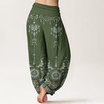 Buddha Stones Cotton Classic Jewelry Butterfly Flower Tassel Pattern Women's Elastic Waist Harem Pants