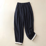 Buddha Stones Summer Plain Elastic Waist Two-tone Cuffs Cropped Women's Tapered Pants With Pockets