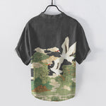 Buddha Stones Cotton Crane Auspicious Clouds Landscapes Pattern Men's Short Sleeve Half Button Shirt