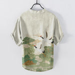 Buddha Stones Cotton Crane Auspicious Clouds Landscapes Pattern Men's Short Sleeve Half Button Shirt