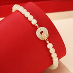 Buddha Stones 925 Sterling Silver Hetian White Jade Lotus Symbol Peace Buckle Harmony Beaded Bracelet