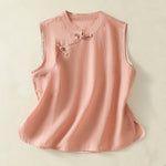 Buddha Stones Summer Retro Plain Frog-Button Stand Collar Women's Sleeveless Vest