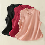 Buddha Stones Summer Retro Plain Frog-Button Stand Collar Women's Sleeveless Vest