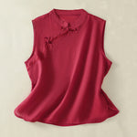 Buddha Stones Summer Retro Plain Frog-Button Stand Collar Women's Sleeveless Vest