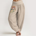 Buddha Stones Cotton Colorful Lotus Flower Pattern Women's Elastic Waist Harem Pants