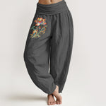 Buddha Stones Cotton Colorful Lotus Flower Pattern Women's Elastic Waist Harem Pants