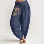 Buddha Stones Cotton Colorful Lotus Flower Pattern Women's Elastic Waist Harem Pants