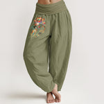 Buddha Stones Cotton Colorful Lotus Flower Pattern Women's Elastic Waist Harem Pants