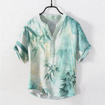 Buddha Stones Cotton Bamboo Pattern Men's Short Sleeve Half Button Shirt