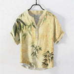 Buddha Stones Cotton Bamboo Pattern Men's Short Sleeve Half Button Shirt