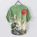 Buddha Stones Cotton Crane Wave Sun Pattern Men's Short Sleeve Half Button Shirt