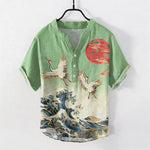 Buddha Stones Cotton Crane Wave Sun Pattern Men's Short Sleeve Half Button Shirt
