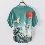 Buddha Stones Cotton Crane Wave Sun Pattern Men's Short Sleeve Half Button Shirt