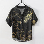 Buddha Stones Cotton Wave Dragon Flower Pattern Men's Short Sleeve Half Button Shirt