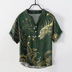 Buddha Stones Cotton Wave Dragon Flower Pattern Men's Short Sleeve Half Button Shirt