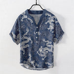 Buddha Stones Cotton Dragon Lotus Pattern Men's Short Sleeve Half Button Shirt