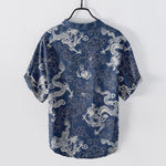 Buddha Stones Cotton Dragon Lotus Pattern Men's Short Sleeve Half Button Shirt