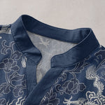 Buddha Stones Cotton Dragon Lotus Pattern Men's Short Sleeve Half Button Shirt