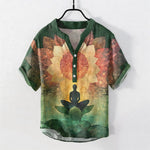 Buddha Stones Cotton Lotus Meditating Figure Pattern Men's Short Sleeve Half Button Shirt