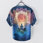 Buddha Stones Cotton Lotus Meditating Figure Pattern Men's Short Sleeve Half Button Shirt