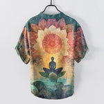 Buddha Stones Cotton Lotus Meditating Figure Pattern Men's Short Sleeve Half Button Shirt
