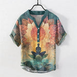 Buddha Stones Cotton Lotus Meditating Figure Pattern Men's Short Sleeve Half Button Shirt