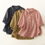 Buddha Stones Stand Collar Embroidery Button Design Three Quarter Sleeve Summer Women's Shirt