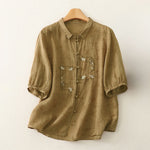 Buddha Stones Stand Collar Embroidery Button Design Three Quarter Sleeve Summer Women's Shirt