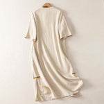 Buddha Stones Spring Frog-Button Knee Length Cotton Women's Short Sleeve Dress With Pockets