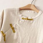 Buddha Stones Spring Frog-Button Knee Length Cotton Women's Short Sleeve Dress With Pockets
