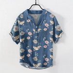 Buddha Stones Cotton Crane Floral Print Men's Short Sleeve Half Button Shirt