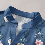 Buddha Stones Cotton Crane Floral Print Men's Short Sleeve Half Button Shirt