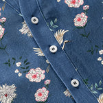 Buddha Stones Cotton Crane Floral Print Men's Short Sleeve Half Button Shirt