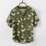 Buddha Stones Cotton Crane Floral Print Men's Short Sleeve Half Button Shirt