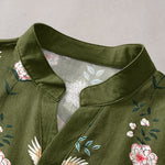 Buddha Stones Cotton Crane Floral Print Men's Short Sleeve Half Button Shirt