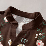 Buddha Stones Cotton Crane Floral Print Men's Short Sleeve Half Button Shirt