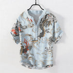 Buddha Stones Cotton Dragon Print Henley Men's Short Sleeve Half Button Shirt