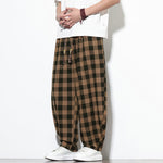 Buddha Stones Summer Plaid Pattern High Waist Drawstring Men's Harem Pants With Pockets