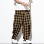 Buddha Stones Summer Plaid Pattern High Waist Drawstring Men's Harem Pants With Pockets