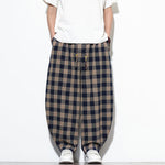 Buddha Stones Summer Plaid Pattern High Waist Drawstring Men's Harem Pants With Pockets