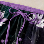 Buddha Stones Pure Cotton Purple Lotus Print Elastic Waist Women's Pants With Pockets