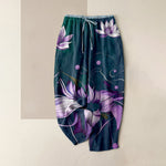 Buddha Stones Pure Cotton Purple Lotus Print Elastic Waist Women's Pants With Pockets