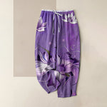 Buddha Stones Pure Cotton Purple Lotus Print Elastic Waist Women's Pants With Pockets