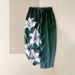 Buddha Stones Pure Cotton Lily Print Elastic Waist Drawstring Women's Pants With Pockets